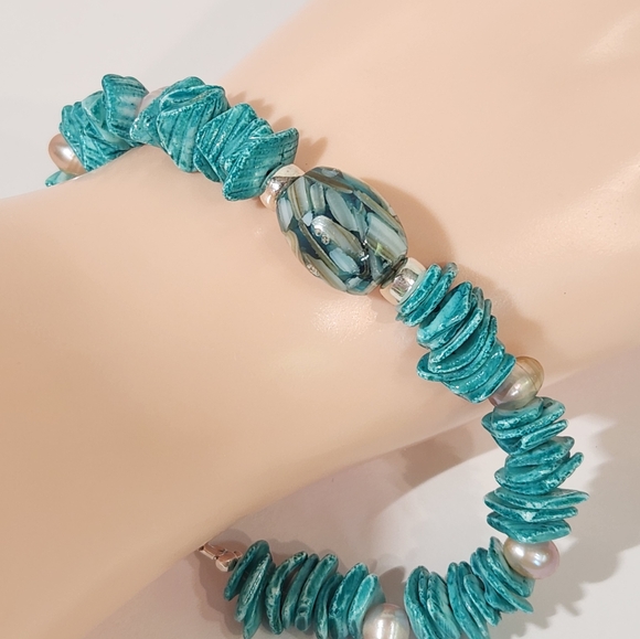 "Ocean Dreams" Bracelet With Sterling, Turquoise Shells, Freshwater Pearls & MOP - Picture 6 of 12